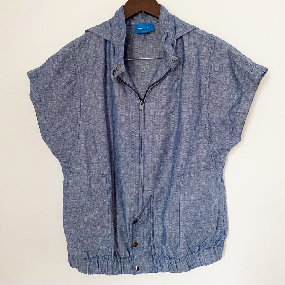 Derek Lam Blue Chambray Short Sleeve Hooded zip up